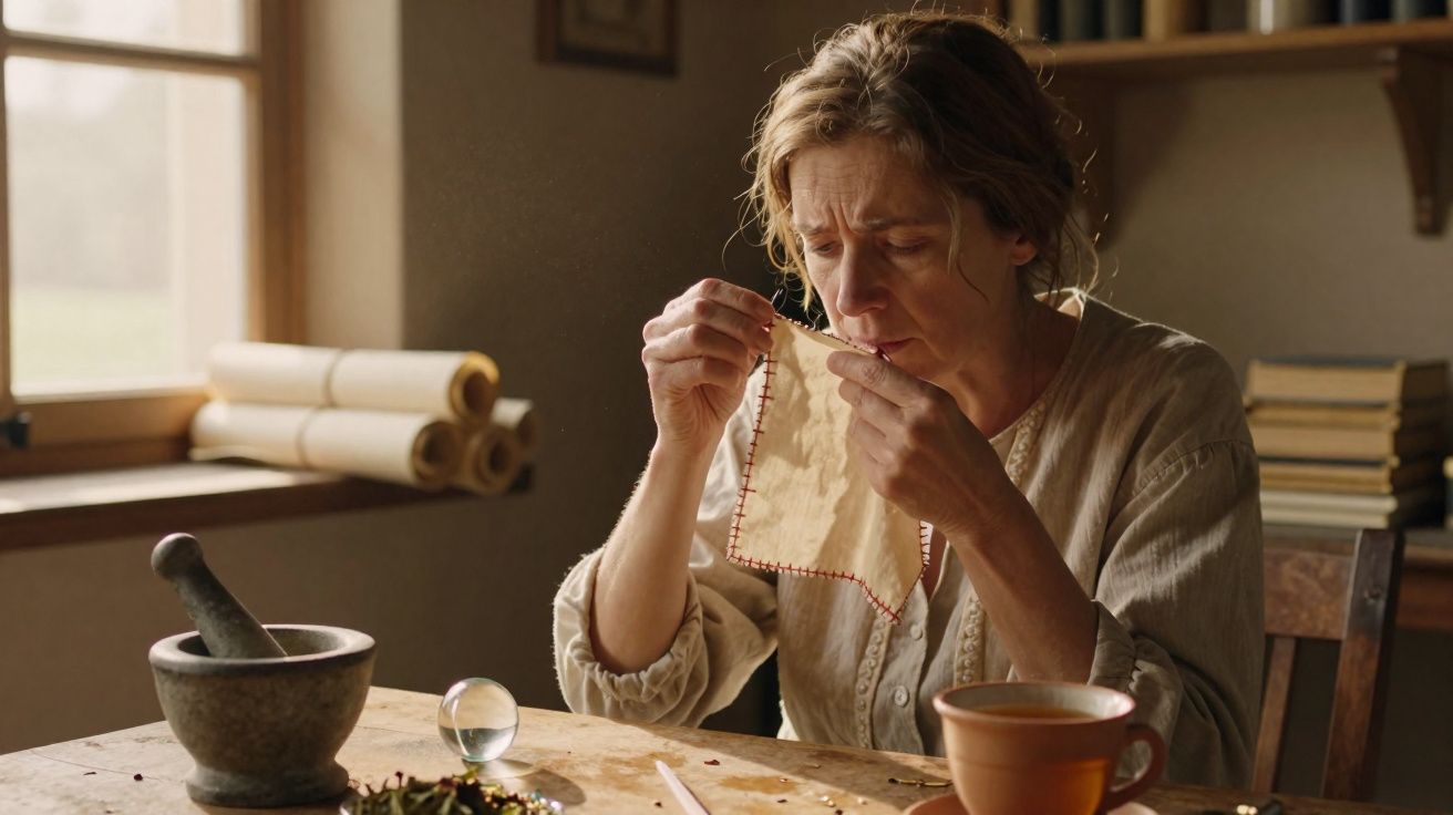 Mulher concentrada a bordar tecido beige numa mesa com ervas, xícara e almofariz numa sala iluminada.