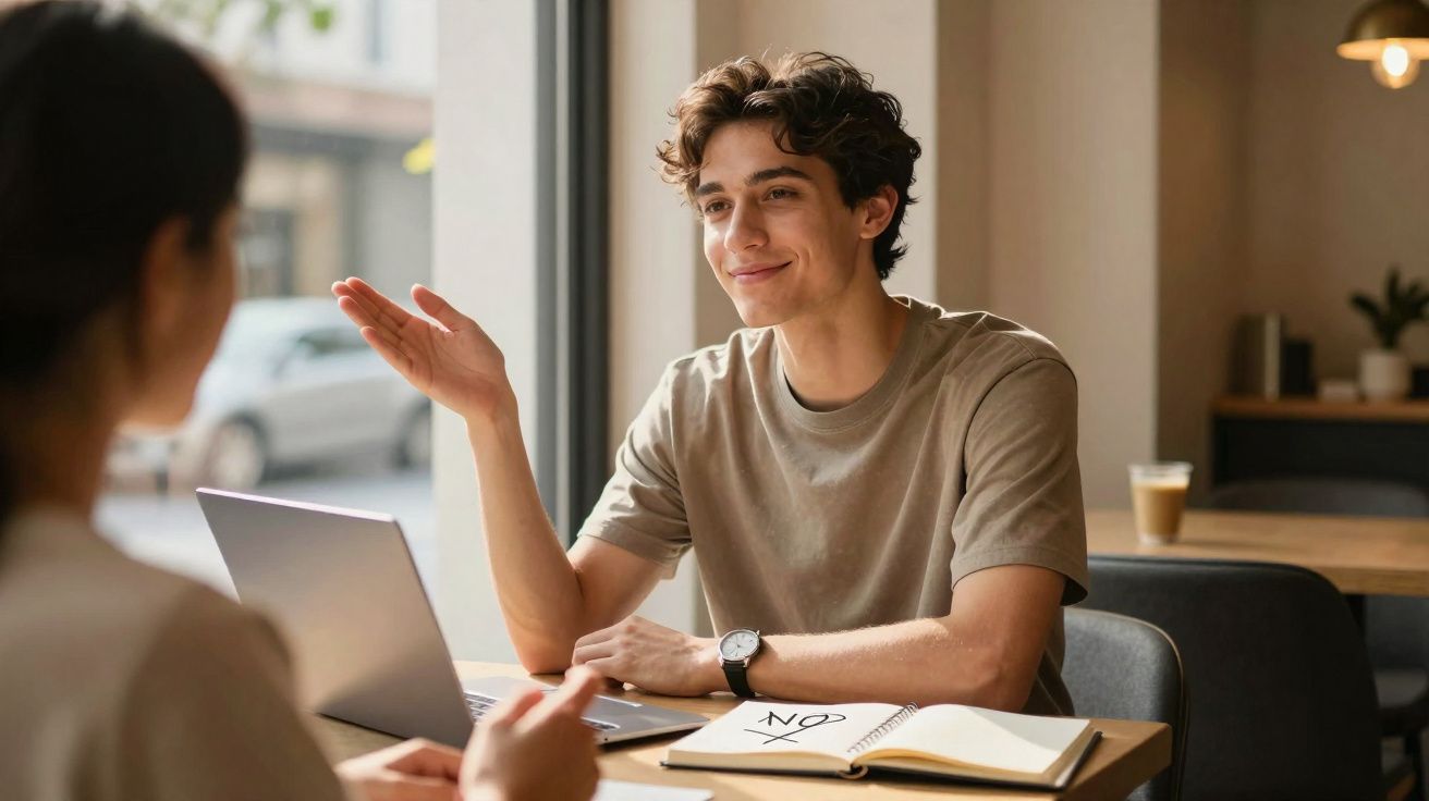 Jovem conversa animadamente com pessoa à sua frente, sentado numa mesa com laptop e caderno aberto.