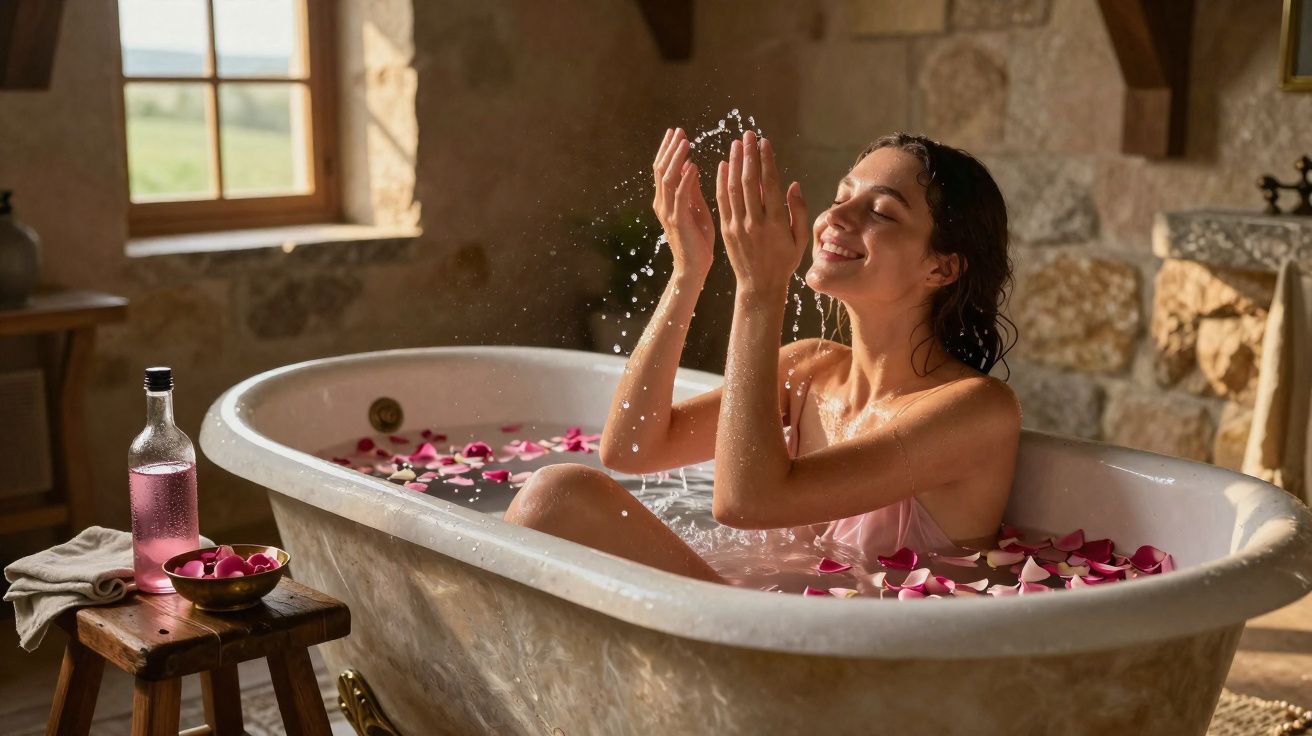 Mulher sorridente a desfrutar de banho com pétalas de rosa numa banheira antiga numa casa rústica.