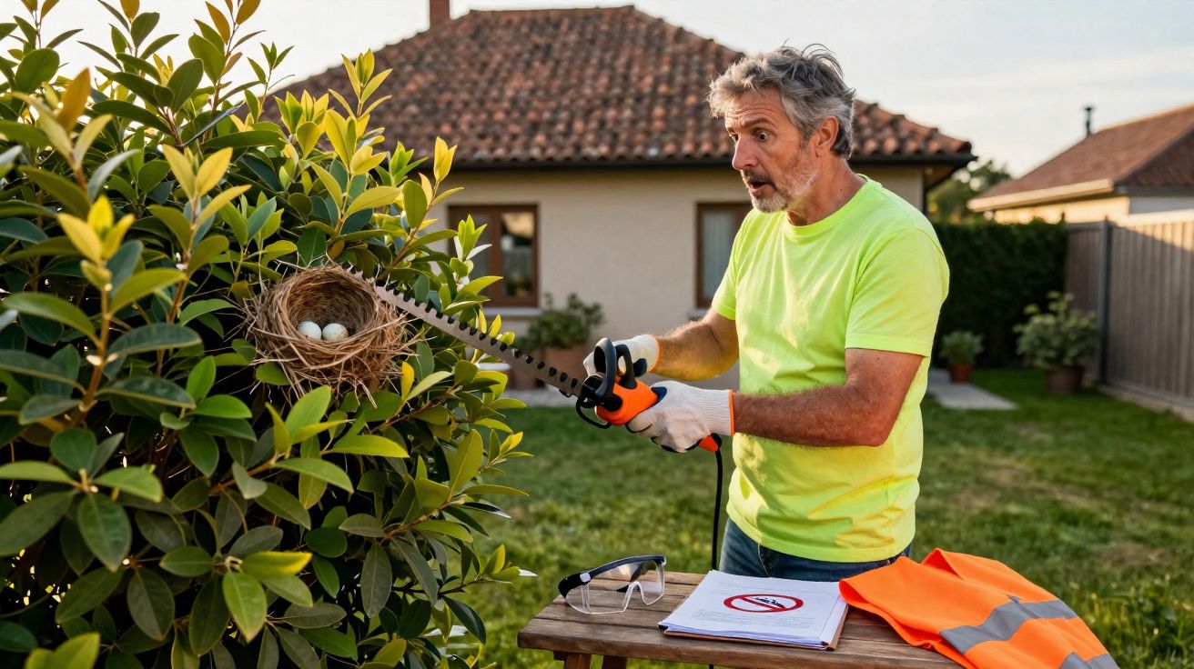 Homem surpreendido ao aparar um arbusto onde há um ninho com ovos brancos.