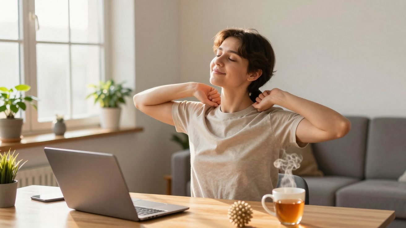 Jovem a espreguiçar-se numa sala iluminada, sentada à mesa com portátil, chá quente e plantas ao fundo.