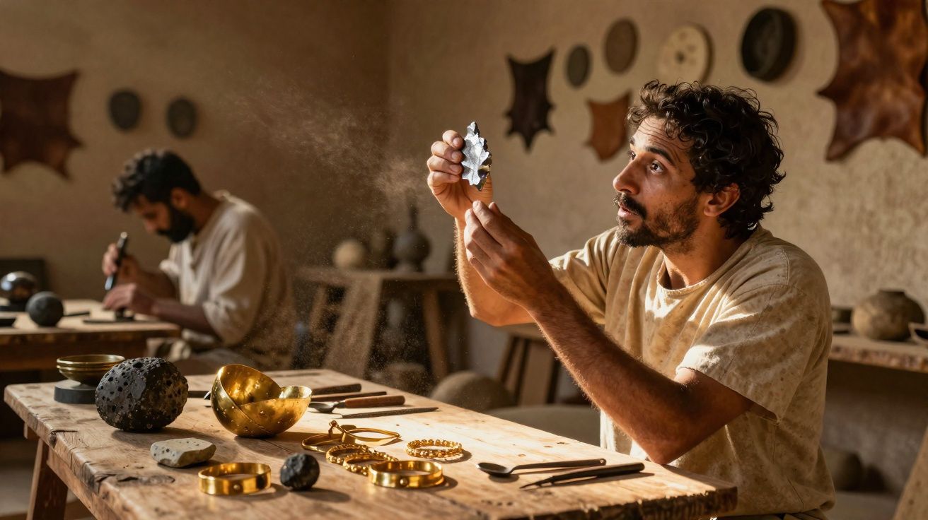 Artesão a examinar peça metálica com poeira em oficina rústica cheia de ferramentas e artefactos dourados.