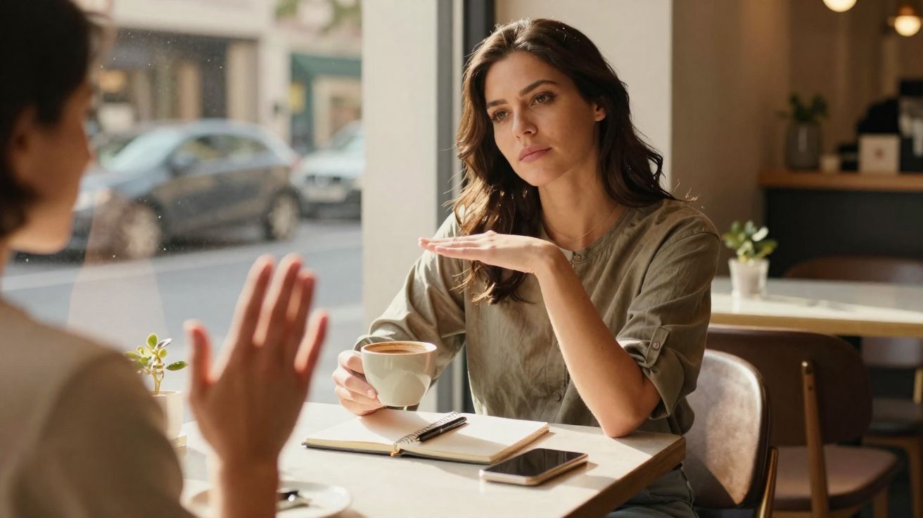 Mulher a beber café e a conversar seriamente com outra pessoa num café iluminado pela luz natural.