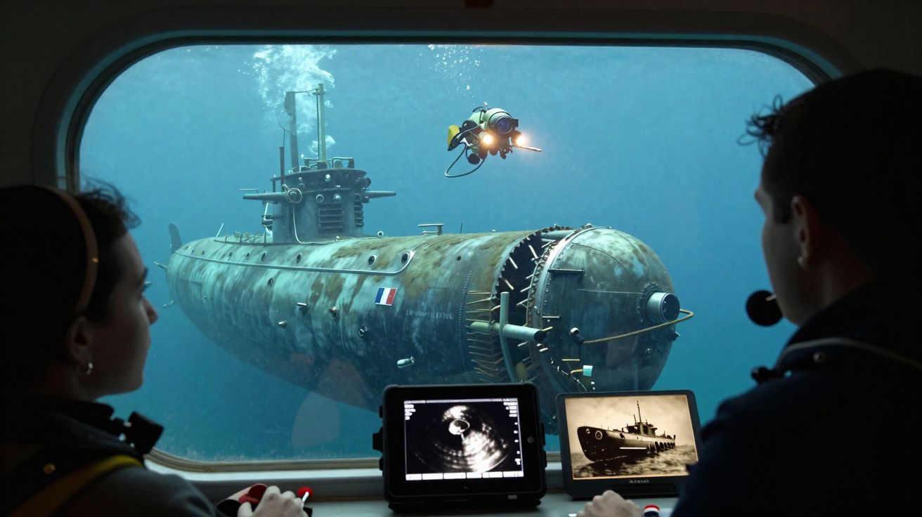 Dois mergulhadores observam submarino antigo submerso através de janela de veículo subaquático com equipamentos digitais.