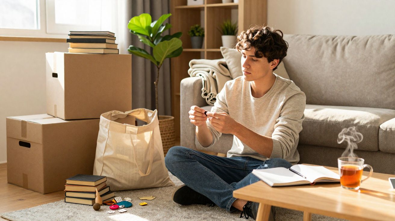 Jovem sentado no chão a arrumar objetos junto a caixas de mudança numa sala iluminada e organizada.