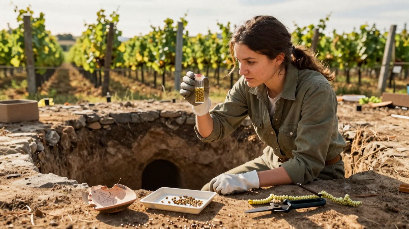 Mulher a examinar grãos agrícolas numa amostra junto a um buraco no solo numa vinha.