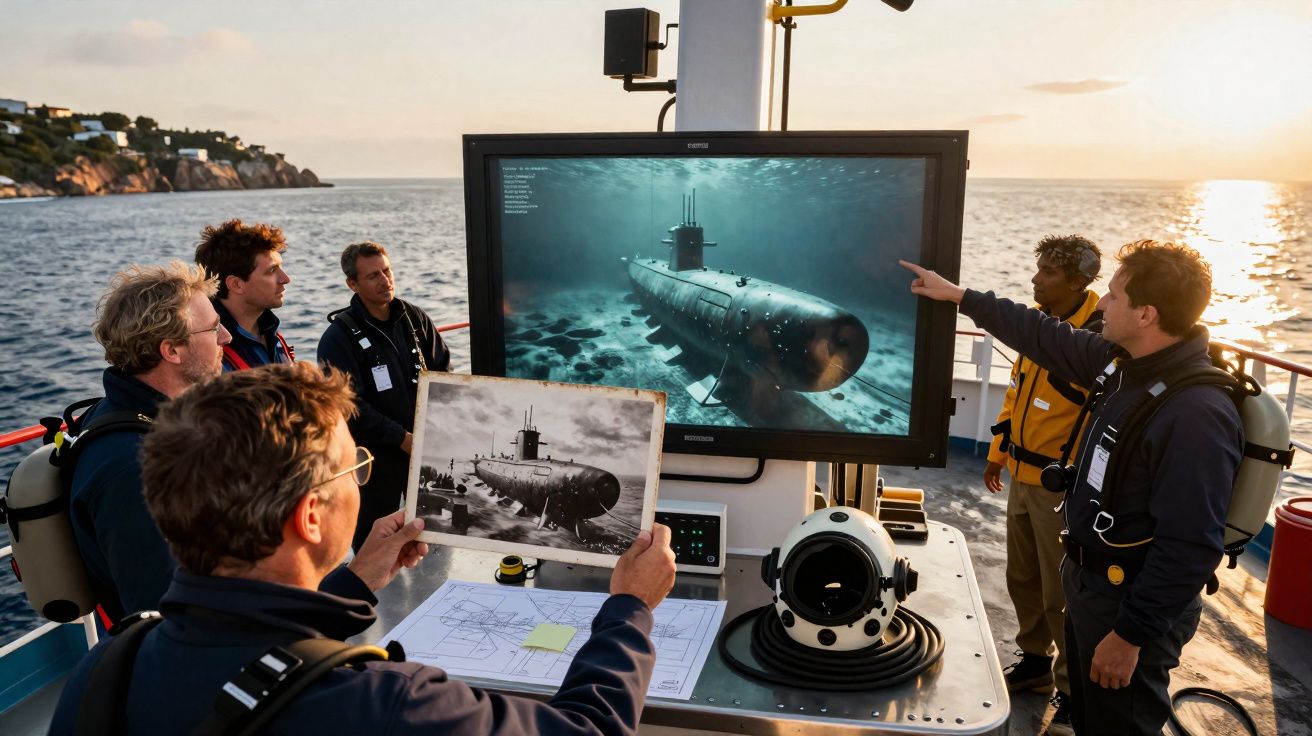 Grupo de pessoas num barco analisa imagens e fotografia de um submarino submerso no oceano ao pôr do sol.
