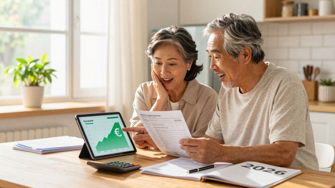 Casal sénior analisa dados financeiros positivos num tablet com documentos e calendário de 2026 na mesa.