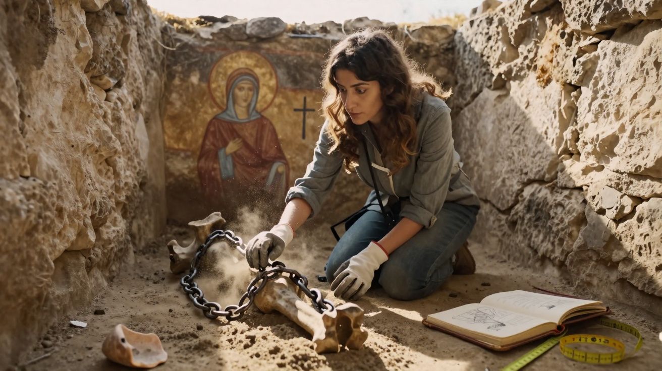 Mulher arqueóloga examina ossos antigos com correntes dentro de uma escavação arqueológica.