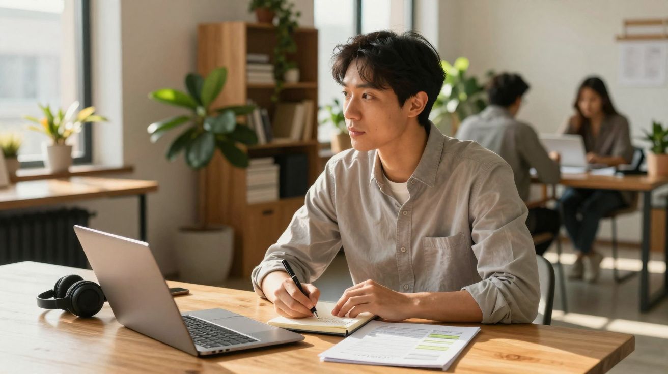 Homem jovem sentado a trabalhar num escritório com computador e a escrever num caderno.