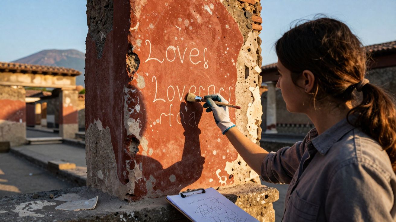 Mulher restauro grafite antigo numa parede vermelha com pincel e prancheta ao pôr do sol.