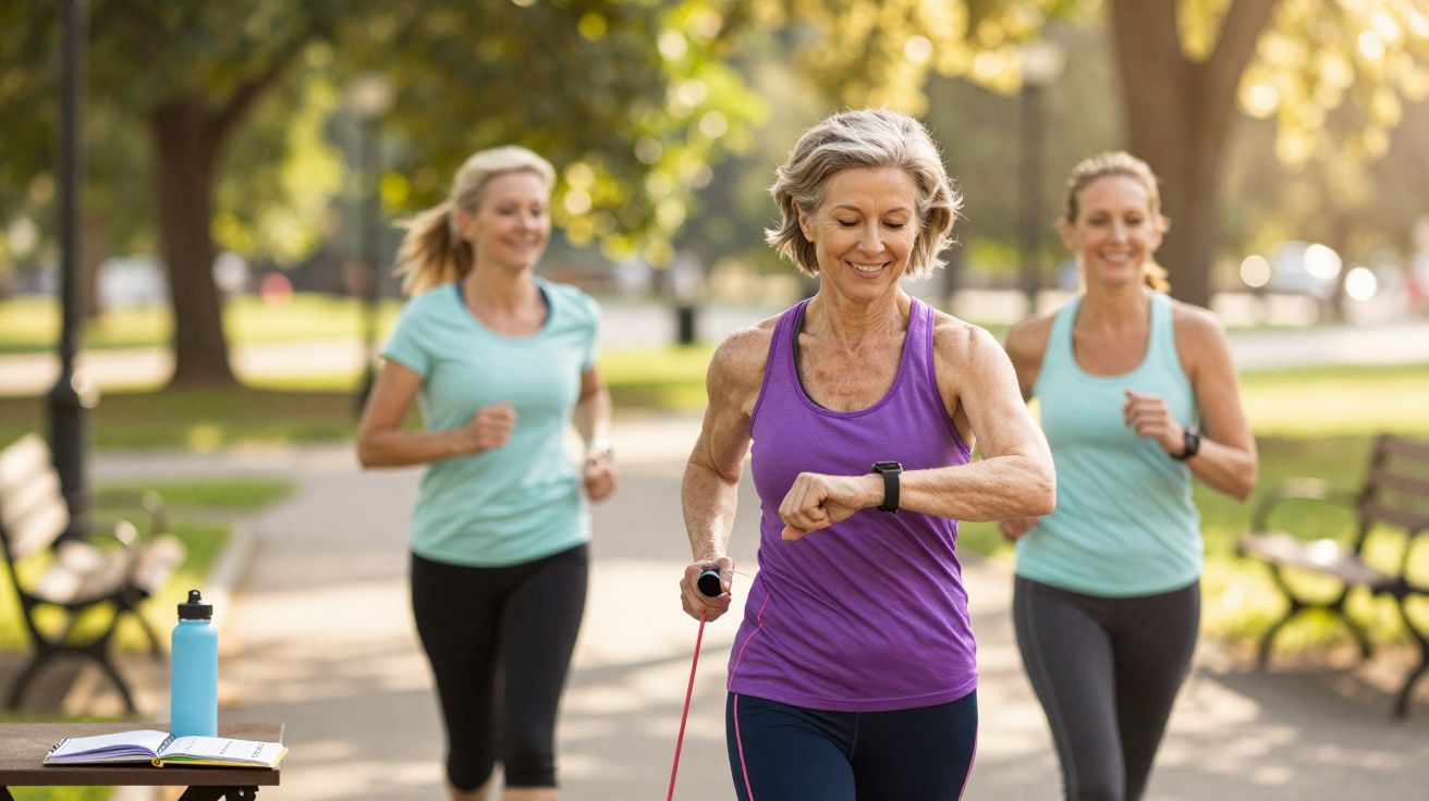 Três mulheres a correr num parque, com árvores e bancos ao fundo, num dia ensolarado.