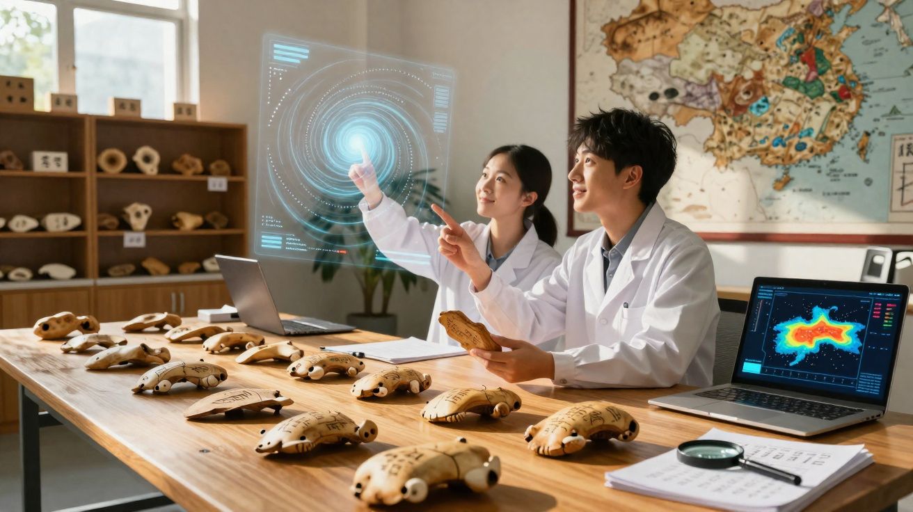 Dois cientistas em bata branca analisam espécimes arqueológicos numa mesa com tecnologia holográfica e computadores.