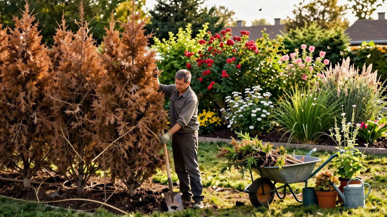 Homem a cuidar de árvores secas num jardim cheio de flores coloridas durante o dia.