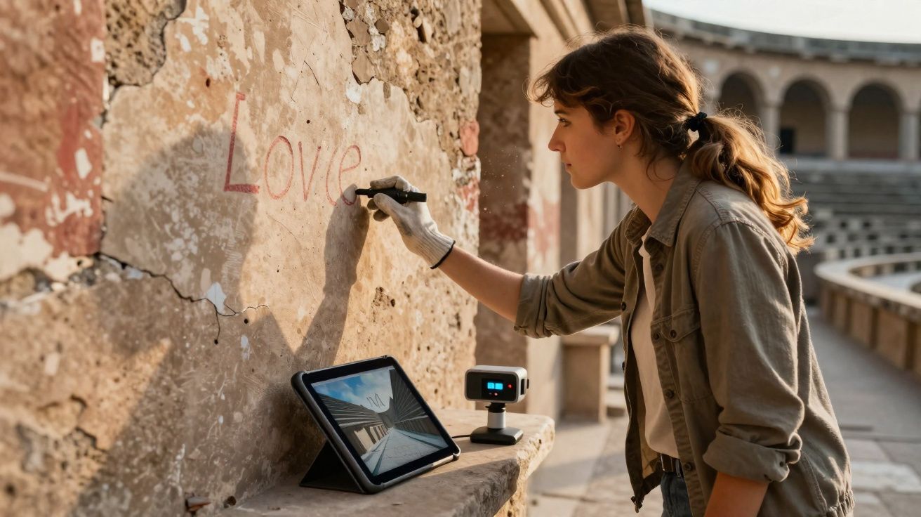 Mulher escreve "Love" numa parede antiga numa arena, com tablet e câmera em mesa próxima.