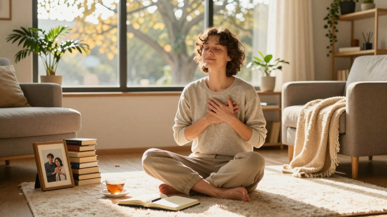 Mulher sentada no tapete da sala, de olhos fechados e mãos no peito, num momento de paz e reflexão.