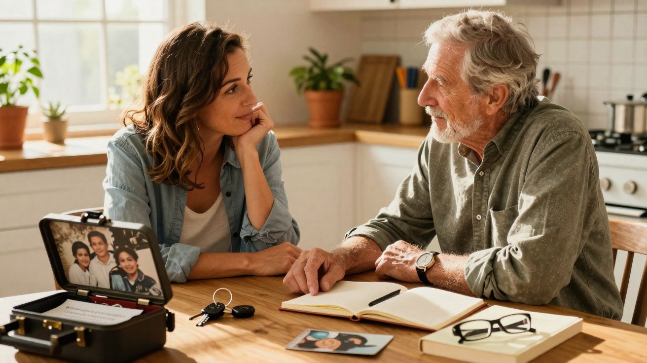 Homem idoso e mulher jovem conversam sentados à mesa da cozinha com fotos e objetos pessoais à frente.