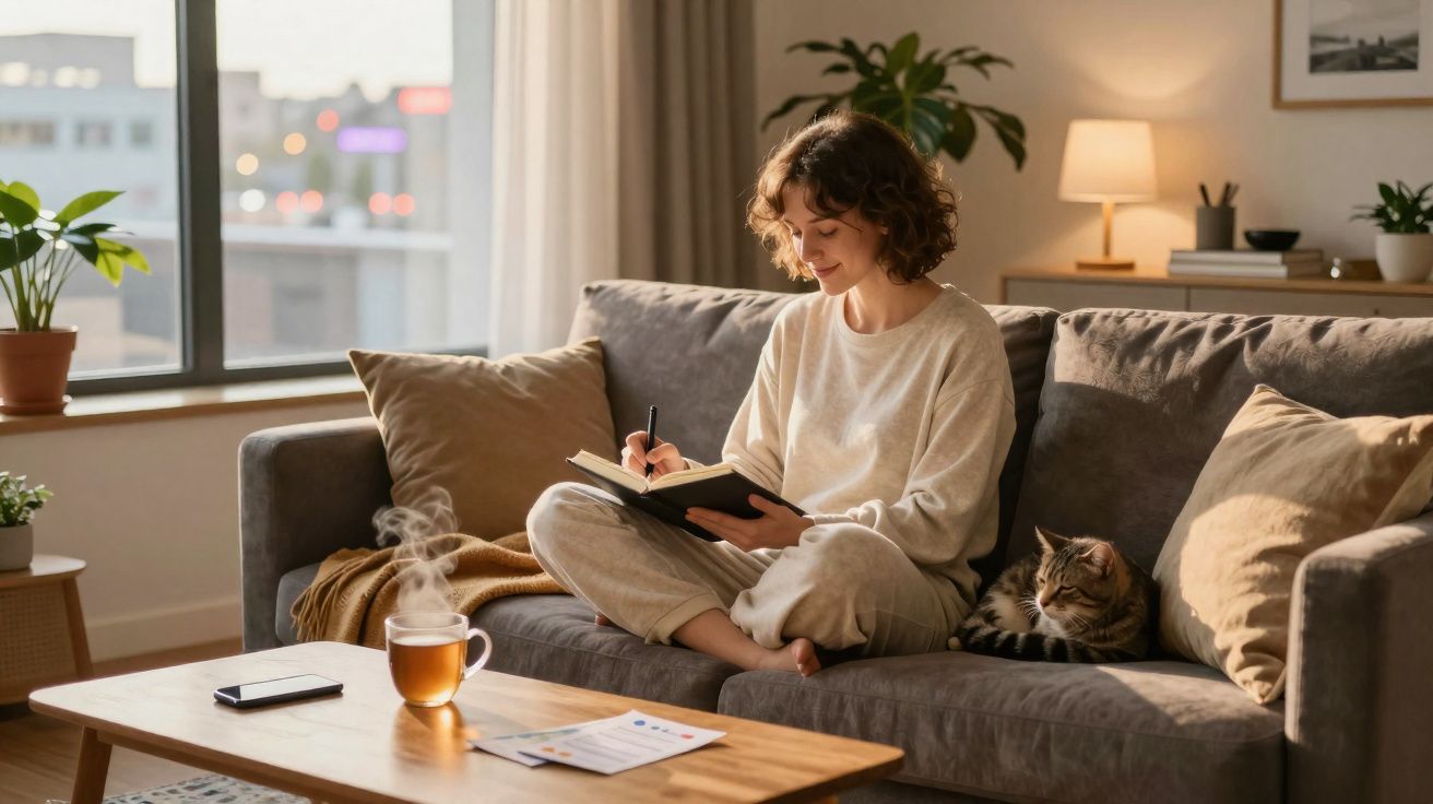 Mulher sentada no sofá a escrever num caderno com um gato ao lado e chá quente numa mesa à frente.
