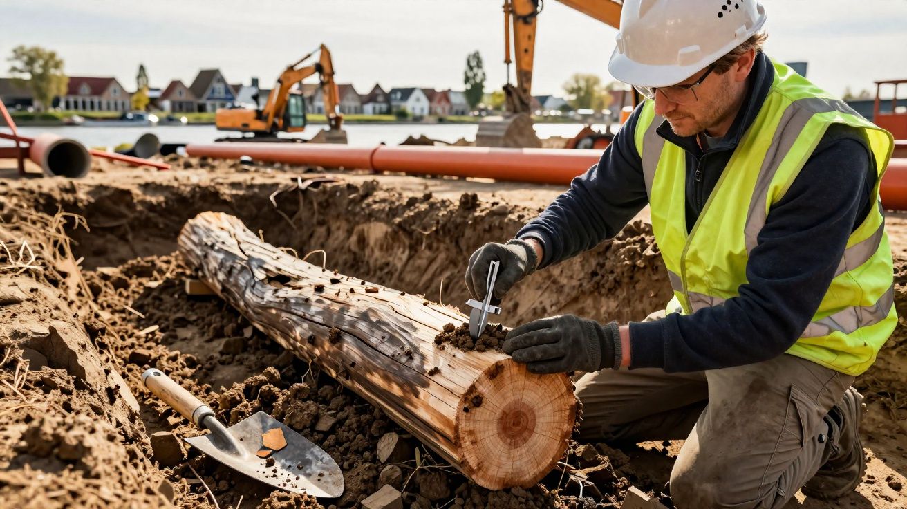 Engenheiro com colete refletor e capacete mede tronco de madeira numa obra ao ar livre junto a ferramentas.
