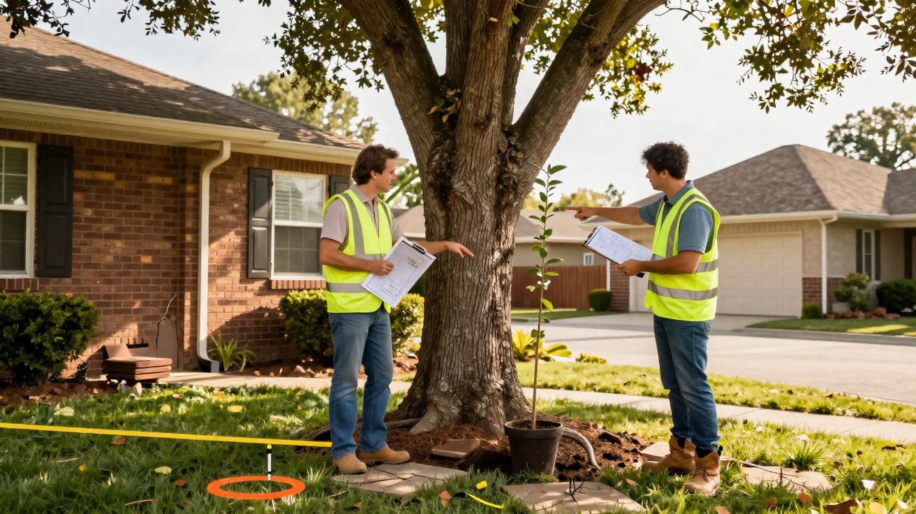 Dois técnicos em coletes refletores analisam uma árvore grande num jardim frente a moradia.