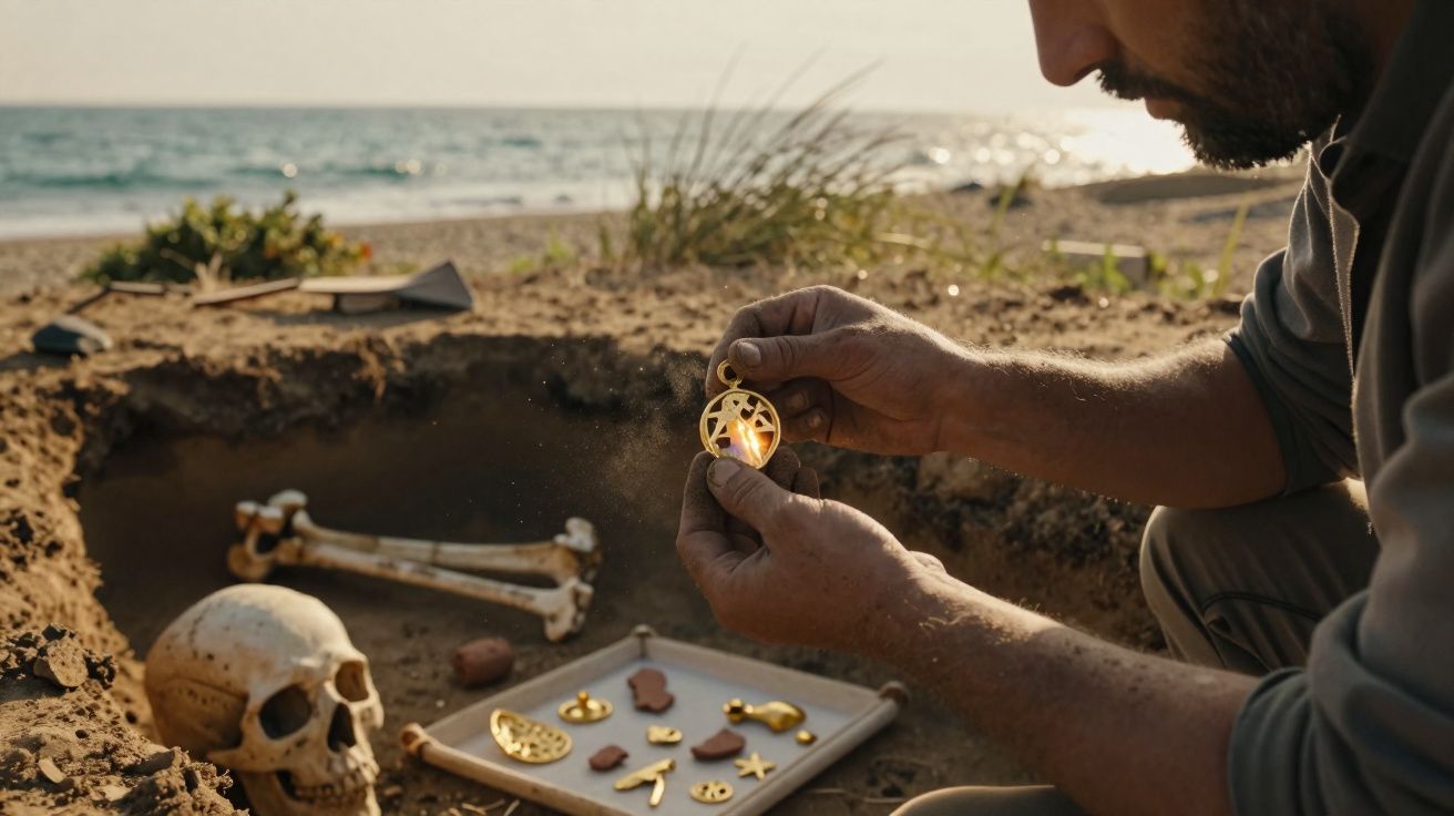 Homem examina artefato dourado enquanto está ajoelhado numa escavação arqueológica junto à praia.