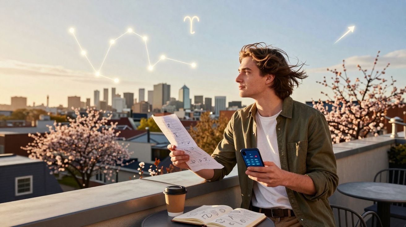 Jovem numa varanda com plantas floridas, segurando smartphone e papel, com céu e constelações visíveis ao fundo.