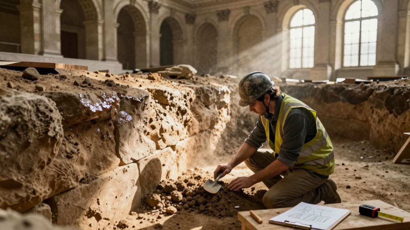 Arqueólogo a escavar no interior de um grande edifício antigo com janelas arqueadas e luz natural.