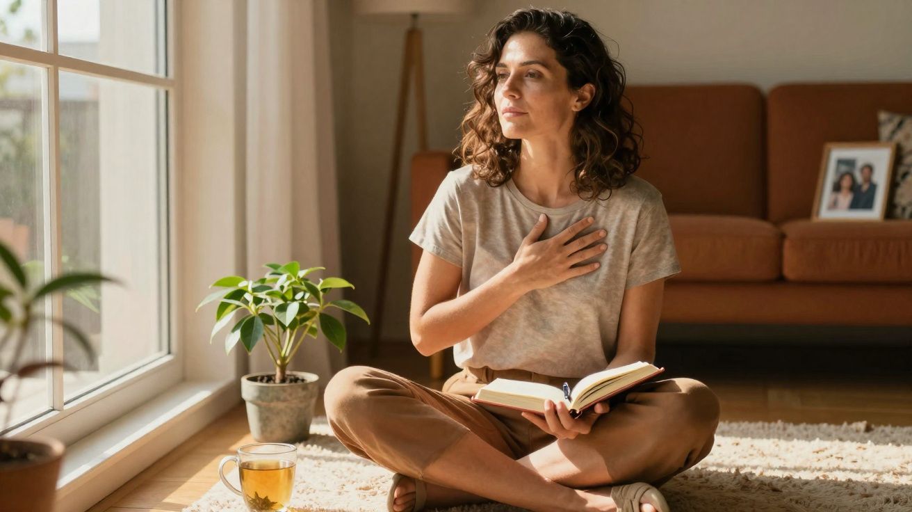 Mulher sentada no chão, lendo um livro, com mão no peito, rodeada por plantas e chá junto à janela.