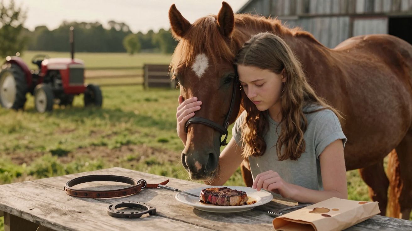Rapaz abraça cavalo ao lado de mesa com bife num ambiente rural ao nascer do sol.