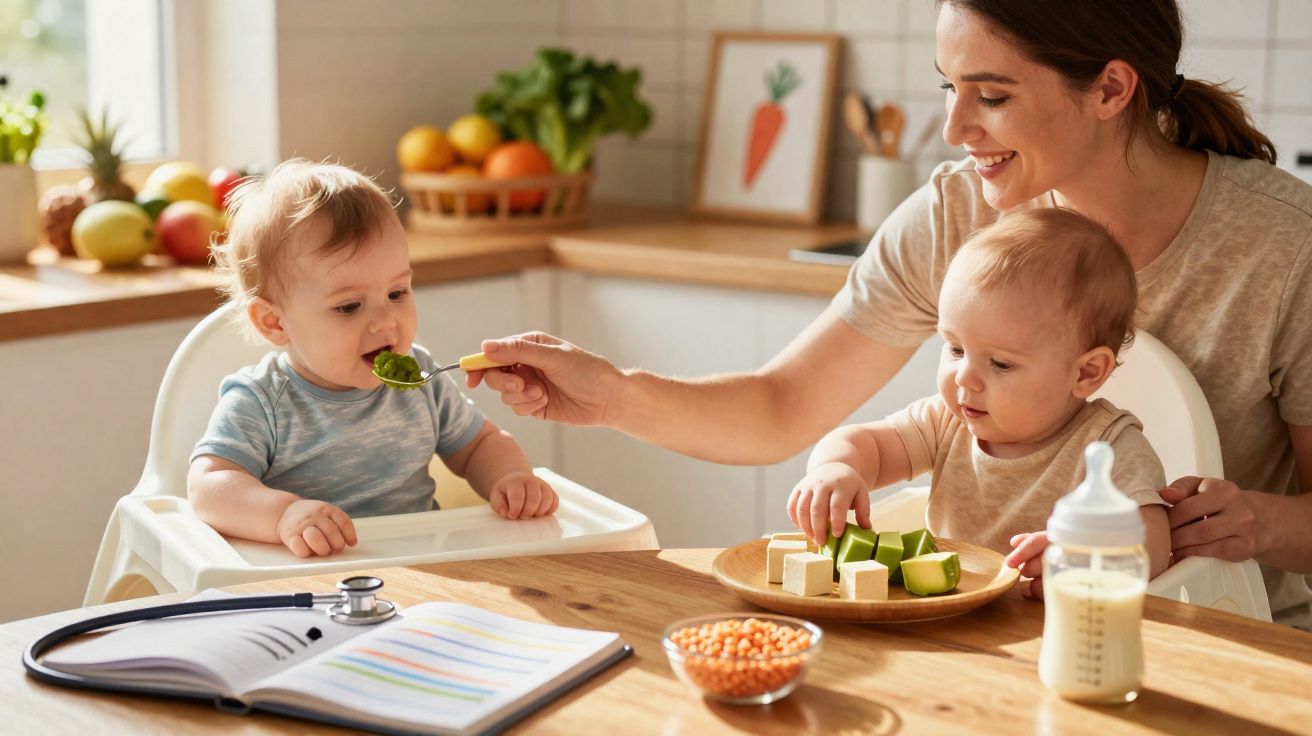 Mãe a alimentar um bebé com espinafres enquanto outro bebé examina legumes numa mesa de cozinha.