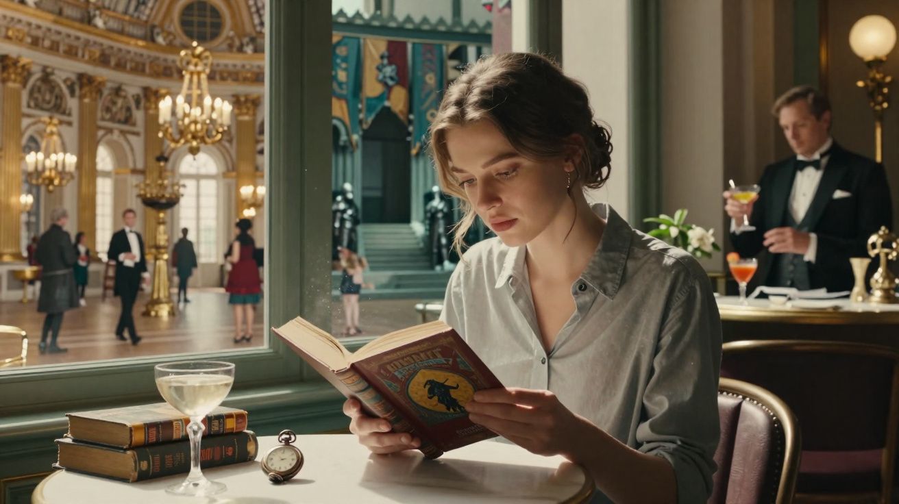 Jovem mulher sentada a ler um livro num salão elegante com pessoas e candelabros ao fundo.