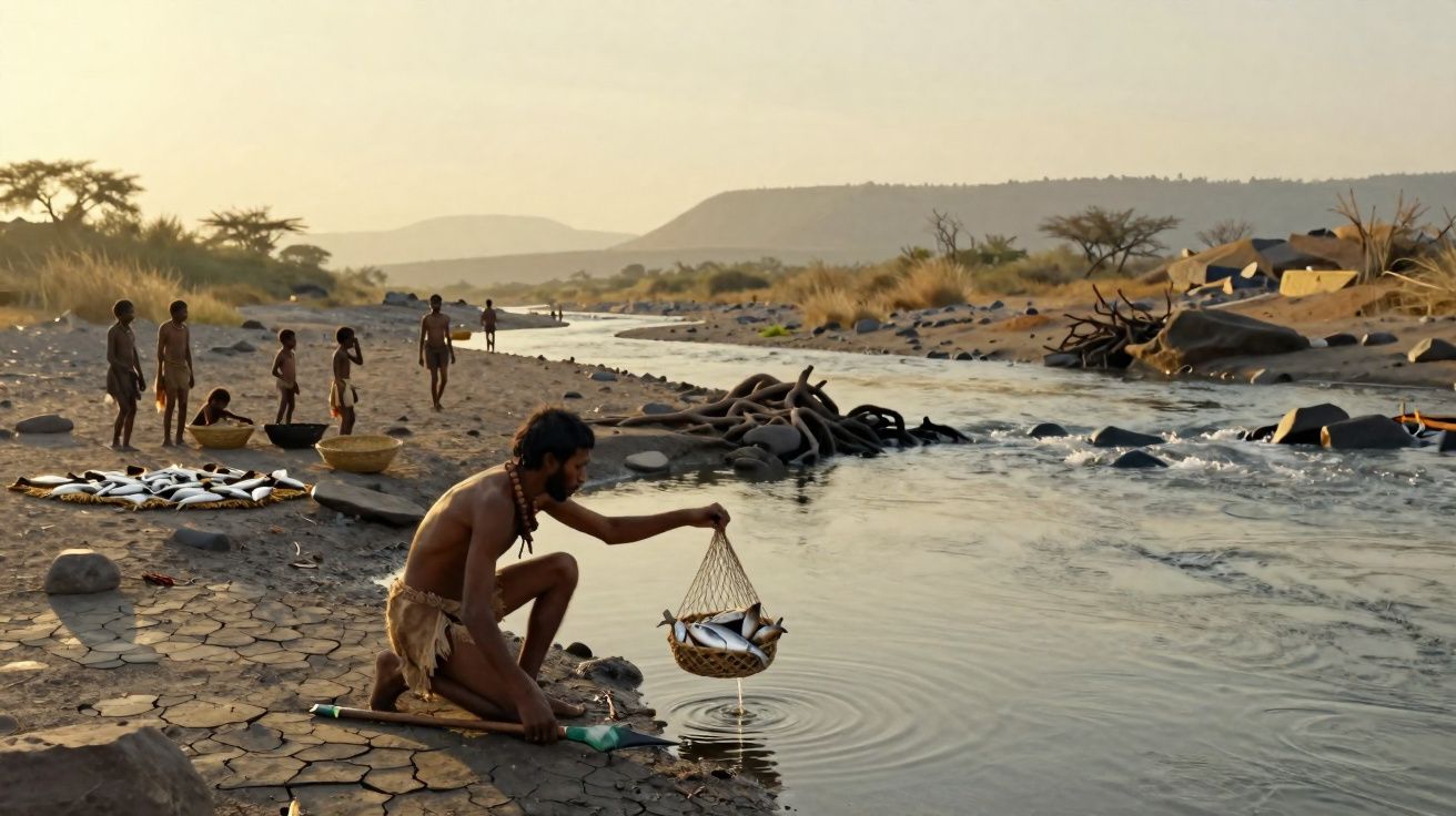 Homem com vestes tradicionais recolhe peixes em rede junto a rio, enquanto grupo observa na margem ao fundo.