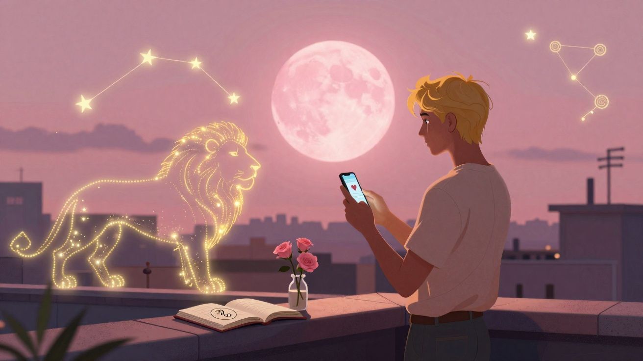 Jovem no terraço ao pôr do sol olha para o telemóvel com constelações de Leão e uma lua cor de rosa no céu.