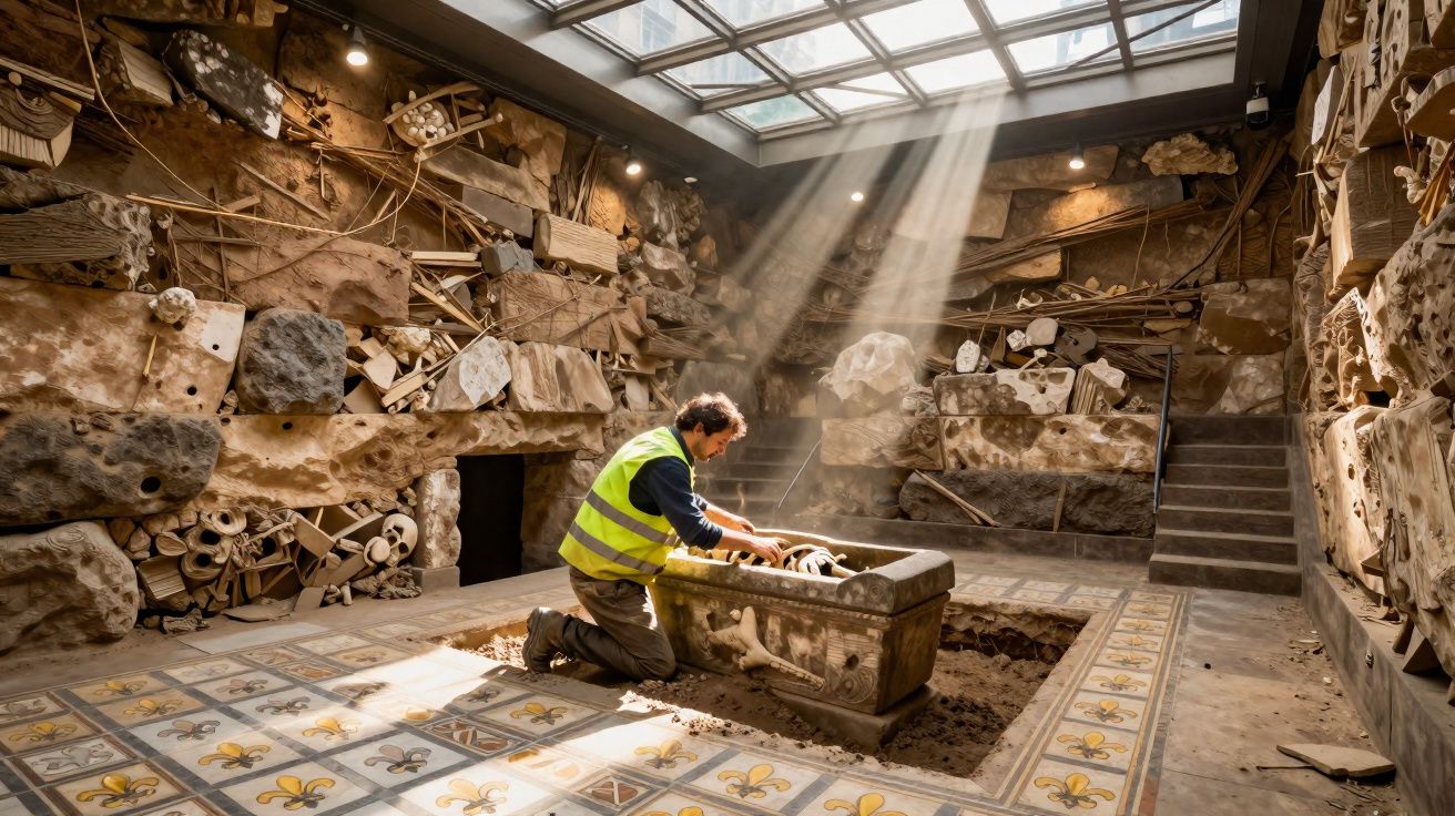 Arqueólogo a examinar um sarcófago numa sala iluminada por raios de sol através do teto de vidro.