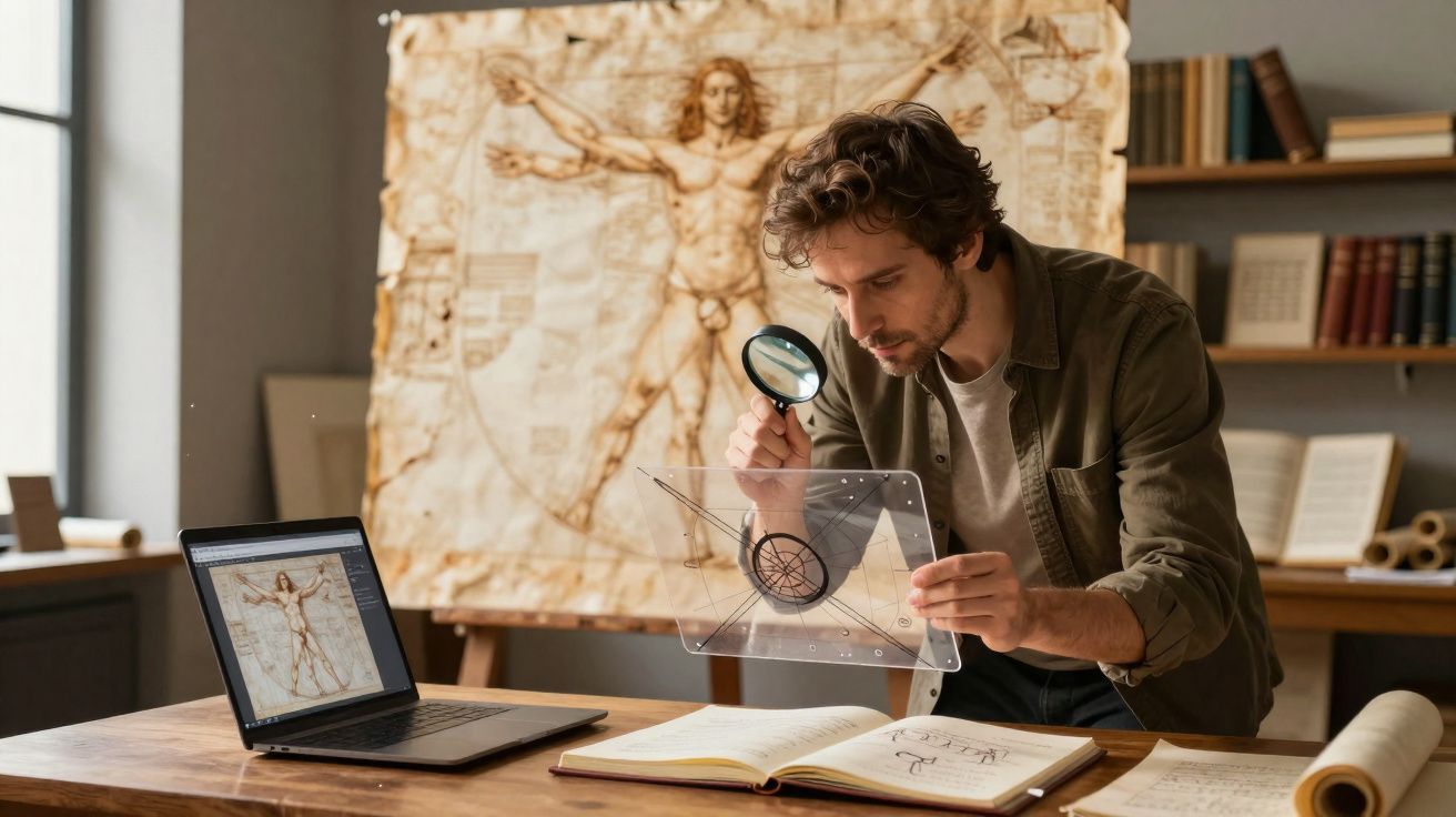 Homem a analisar desenho técnico com lupa numa mesa cheia de livros e computador, atrás quadro com figura humana.