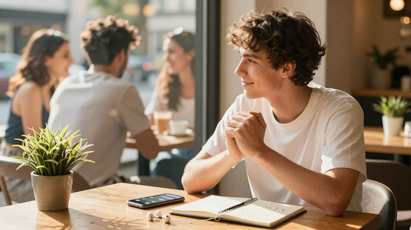 Jovem sentado numa mesa de café com caderno aberto, telefone e auscultadores, olhando à distância e sorrindo.