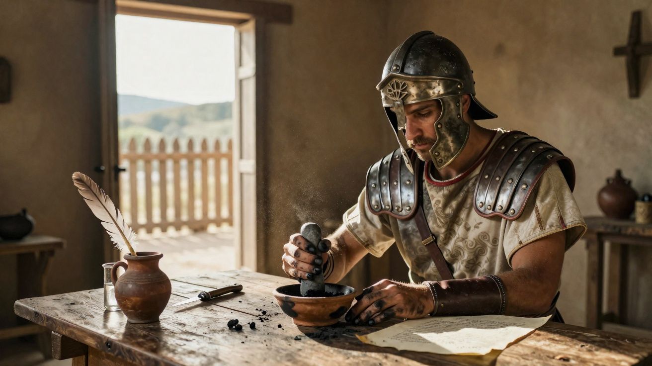Homem romano com armadura moendo ervas num almofariz dentro de uma casa antiga.