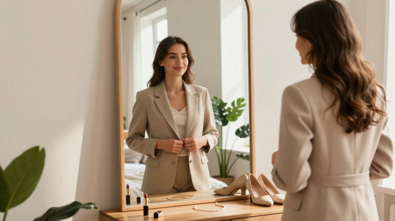 Mulher vestida com blazer bege a olhar-se ao espelho, sorrindo, numa divisão iluminada e decorada.