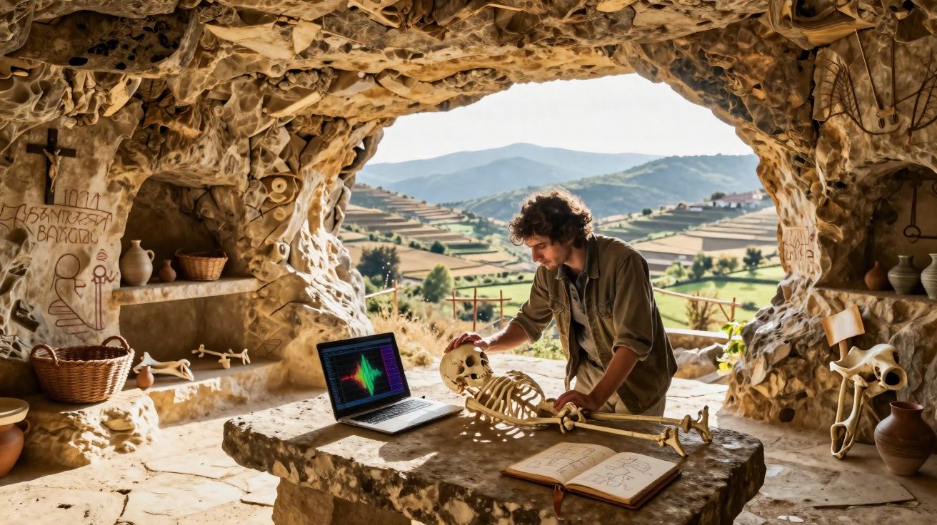 Homem estuda esqueleto humano em gruta com laptop e caderno, vista de campos e montanhas ao fundo.