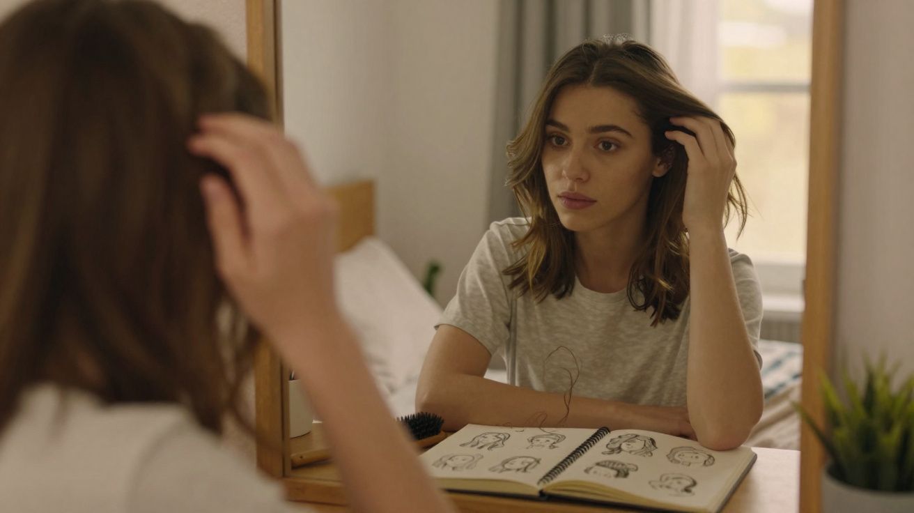 Mulher jovem com expressão pensativa olha para si própria num espelho, com caderno de desenhos à frente.