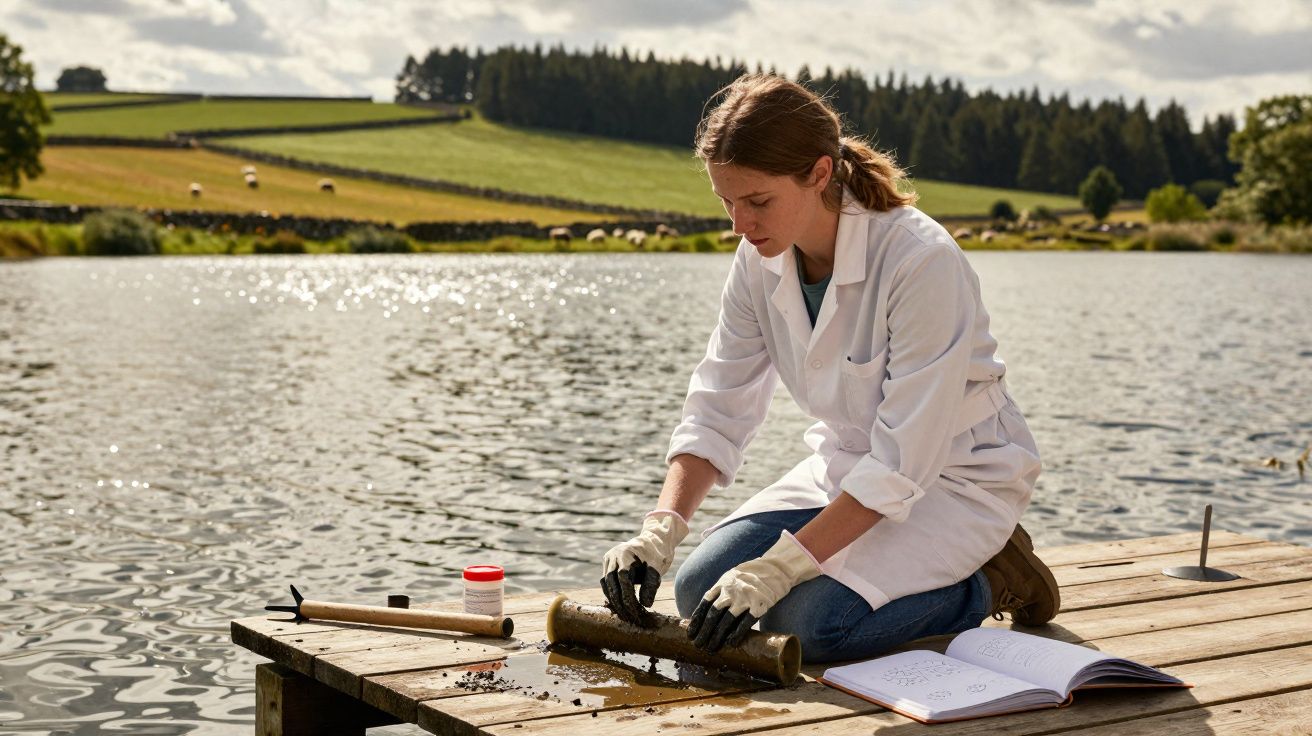 Investigadora em bata branca analisa amostras retiradas de um rio, sentada numa ponte de madeira.