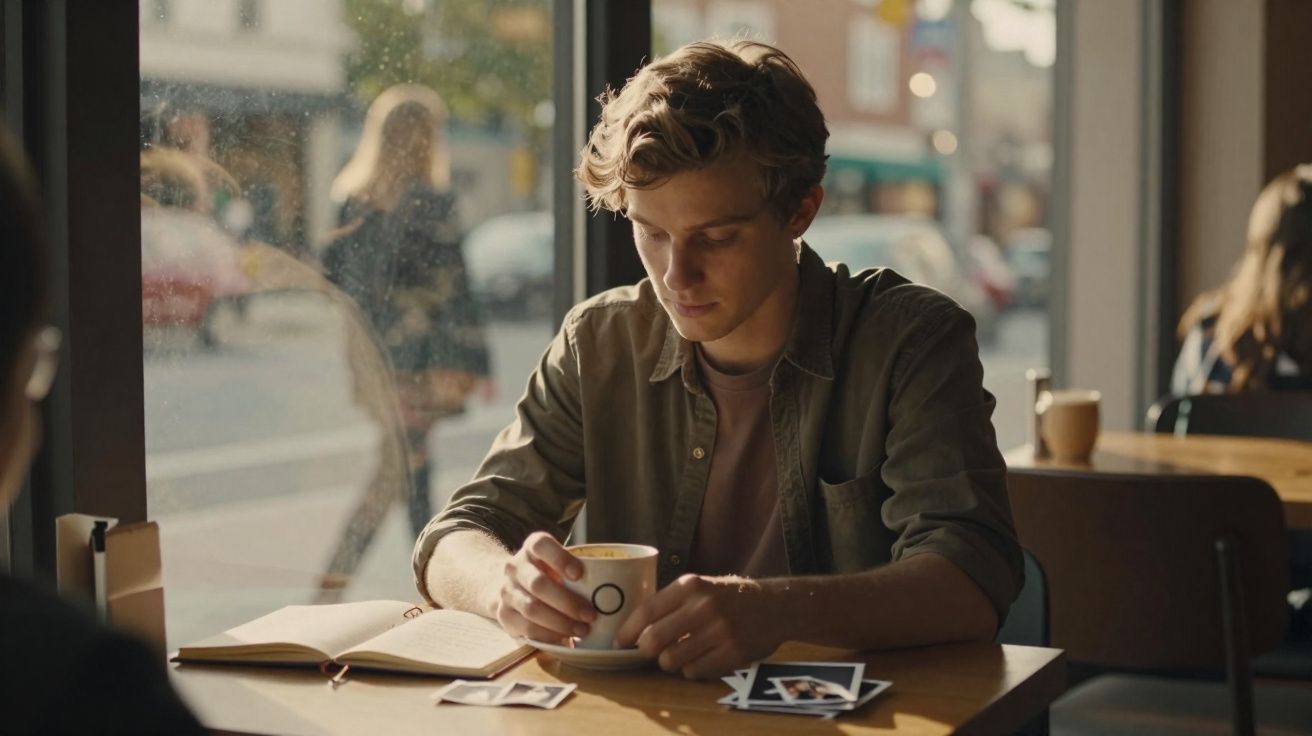 Jovem sentado num café, segurando uma chávena de café, com fotografias e um livro sobre a mesa.