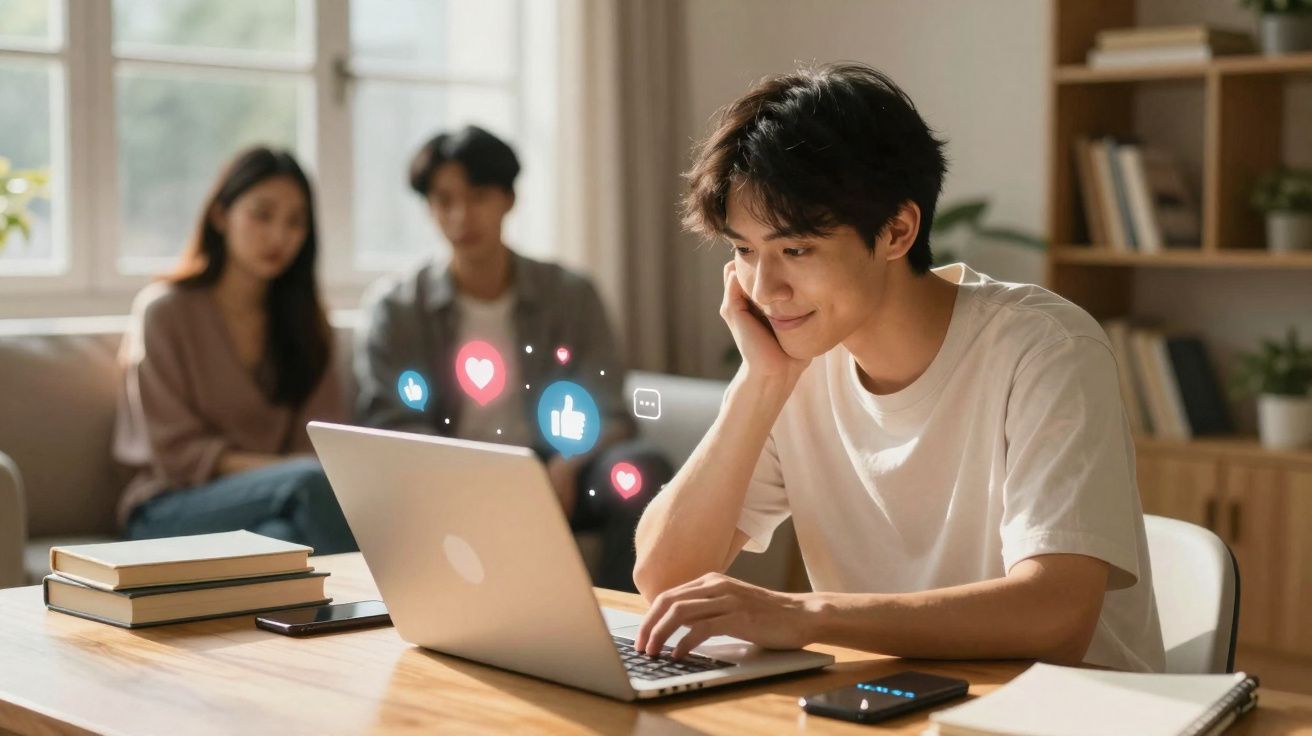 Jovem sorridente a usar computador portátil com ícones de redes sociais, enquanto duas pessoas conversam ao fundo.