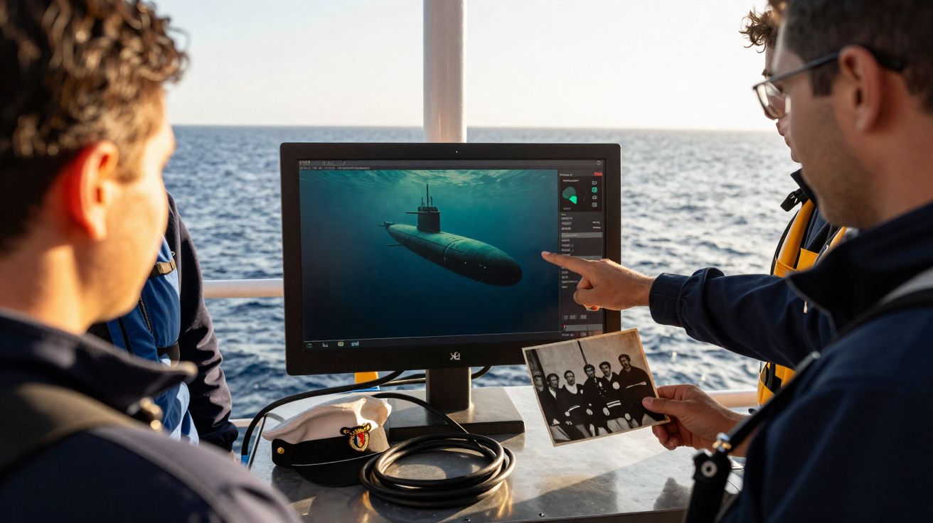 Dois homens observam imagem de submarino no ecrã de computador num barco com mar ao fundo.