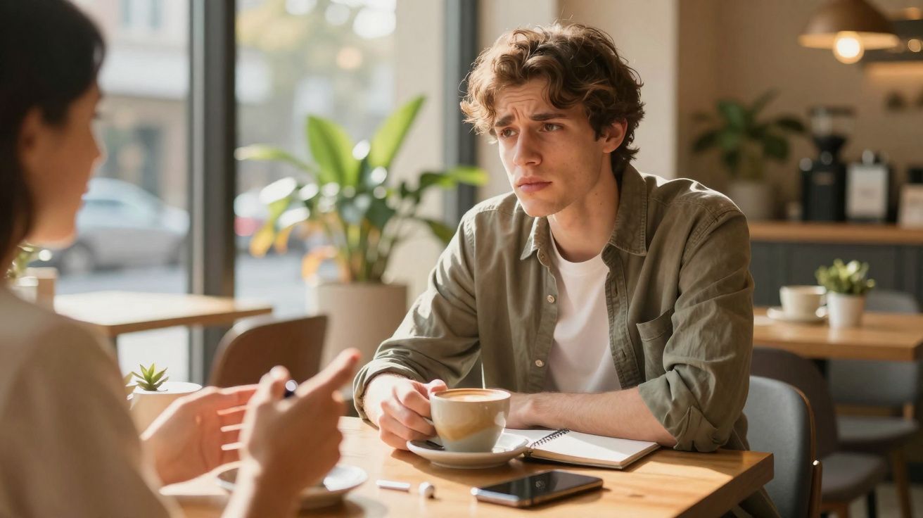 Homem jovem com expressão preocupada a ouvir mulher ao café, com chávena e telemóvel na mesa.