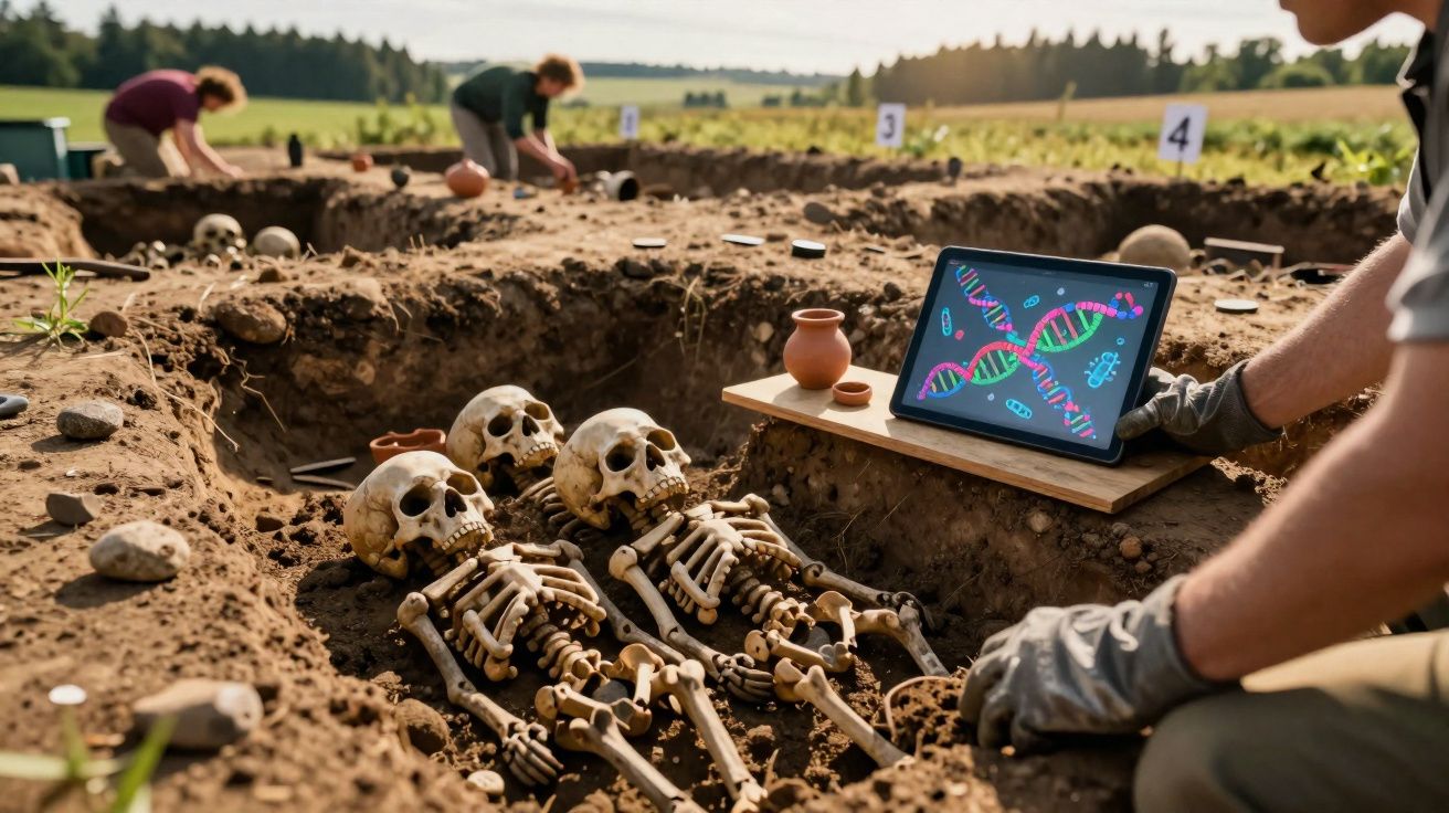 Arqueólogos analisam ossadas humanas em escavação arqueológica ao ar livre com auxílio de tablet.
