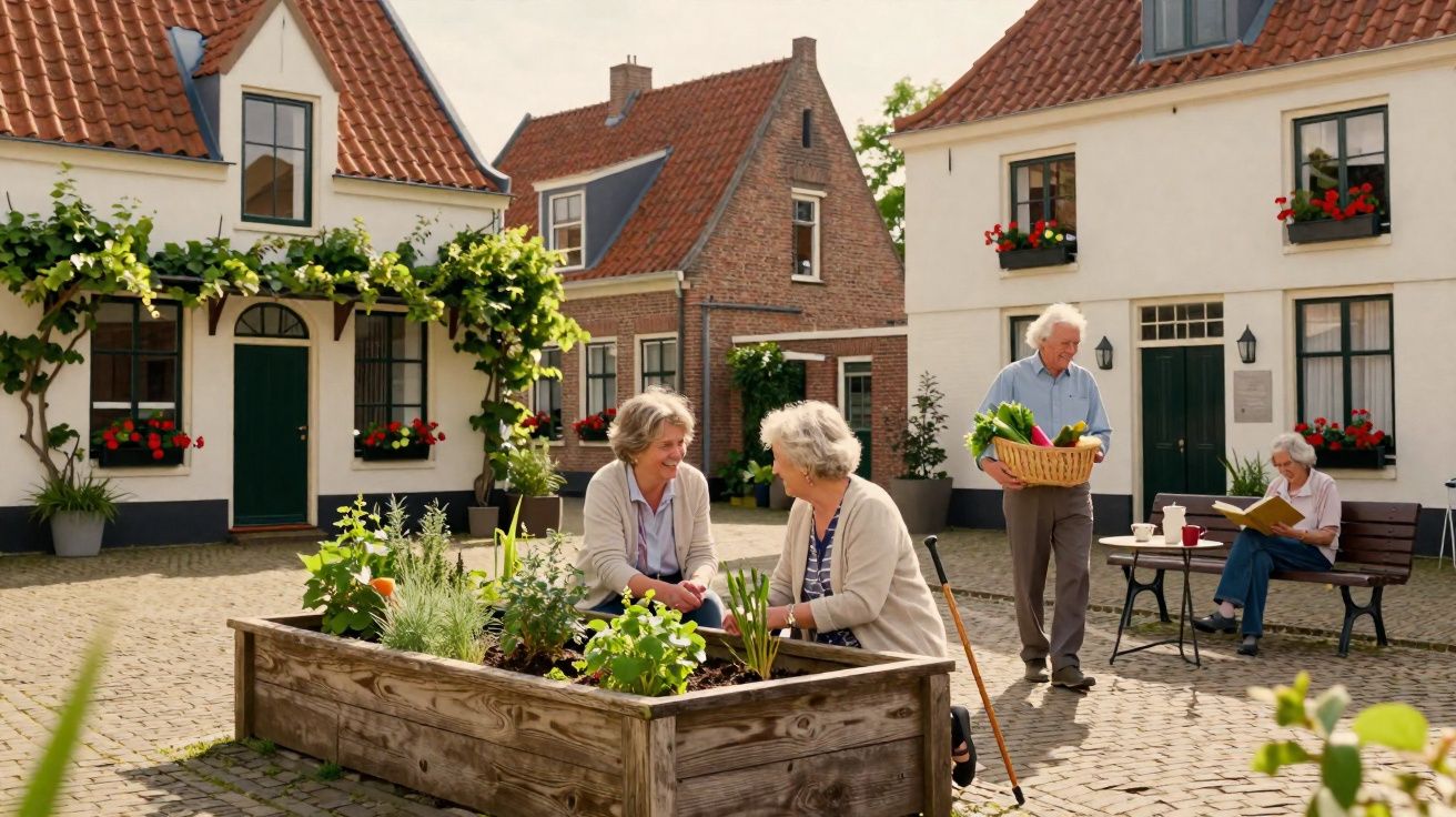 Idosos interagem num pátio com casas típicas, plantas em canteiro e cesta com legumes.
