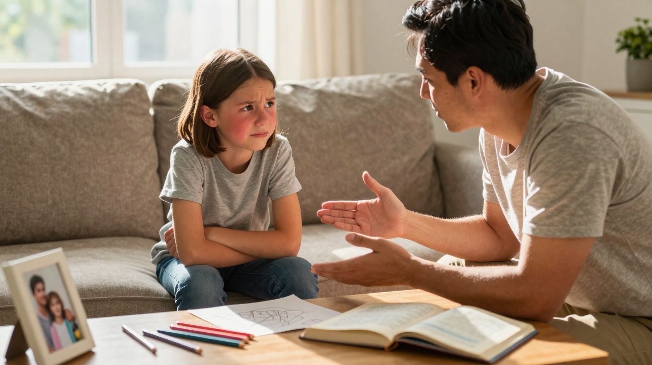 Pai a explicar algo com expressão séria para a filha triste sentada no sofá, com desenhos e material escolar na mesa.