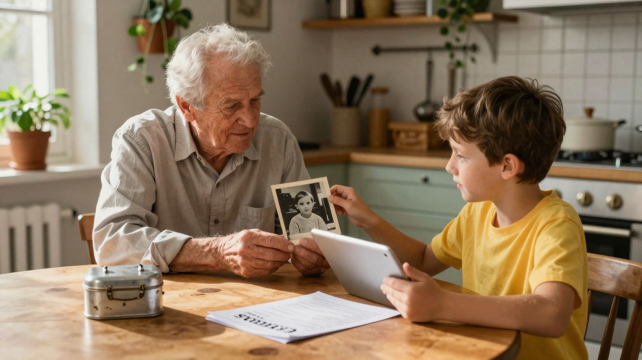 Homem idoso e menino conversam à mesa, com foto antiga e tablet na mão do menino.