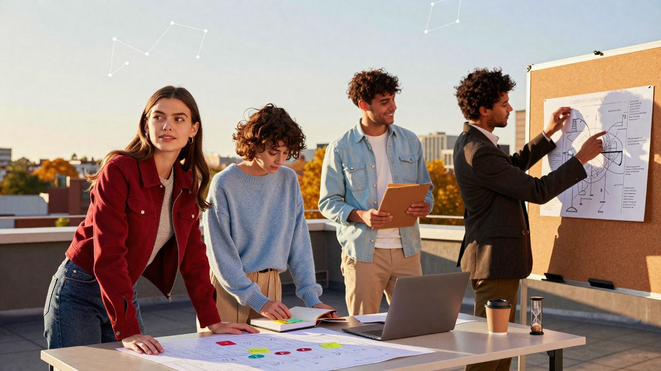 Grupo de jovens a trabalhar em projeto com gráficos e laptop numa varanda ao ar livre.